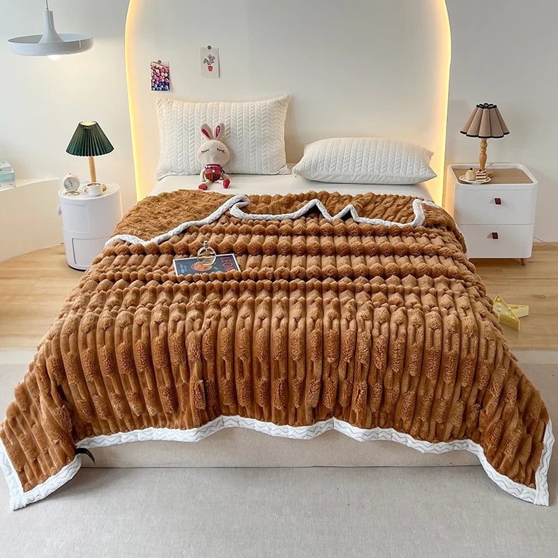 Imitation Rabbit Fur Blankets,Warmth Soft Fleece Velvet Bedspread,Beige Bed Cover Mulitfunctional Travel Drop Shipping 150*200cm