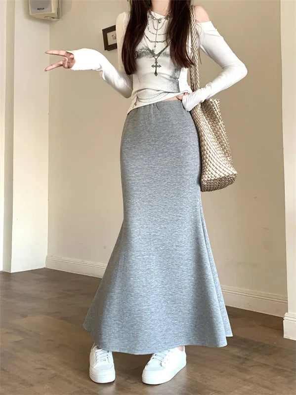 Solid Vintage Temperament Package Hip Skirts Elastic High Waist Simple Spring Autumn 2026 Fish Tail Skirt Casual Slim Long Skirt