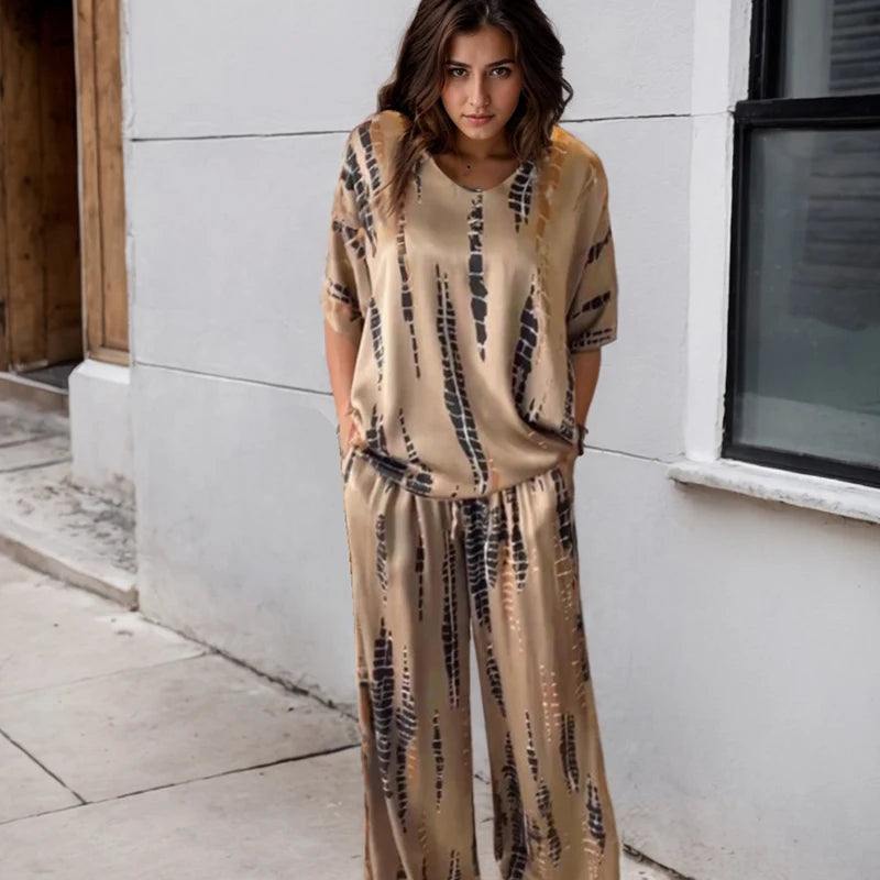 Vintage Women's Two Piece Set Outfits Fashion New Solid Print Loose Casual Round Neck Short Sleeve Top Wide Leg Long Pants Suit