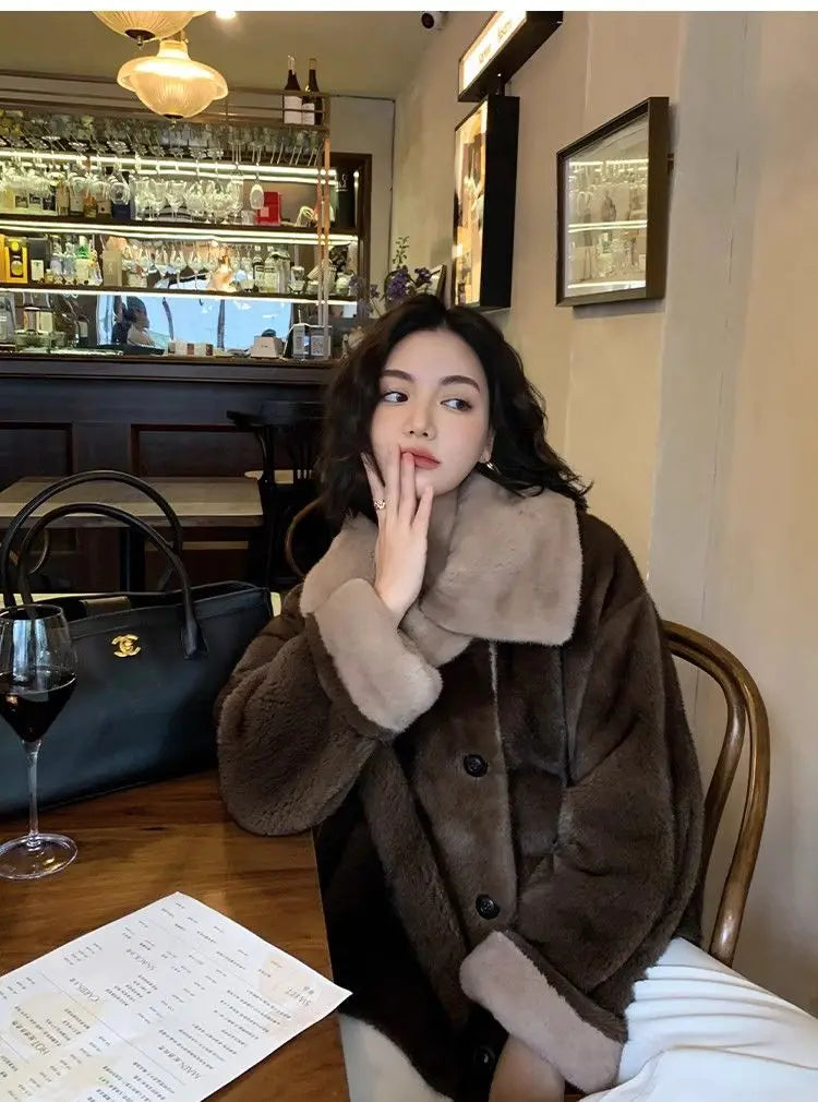 2025 New Coffee Colored Faux Mink Fur Spliced Lapel Fur Coat for Women Young and Loose
