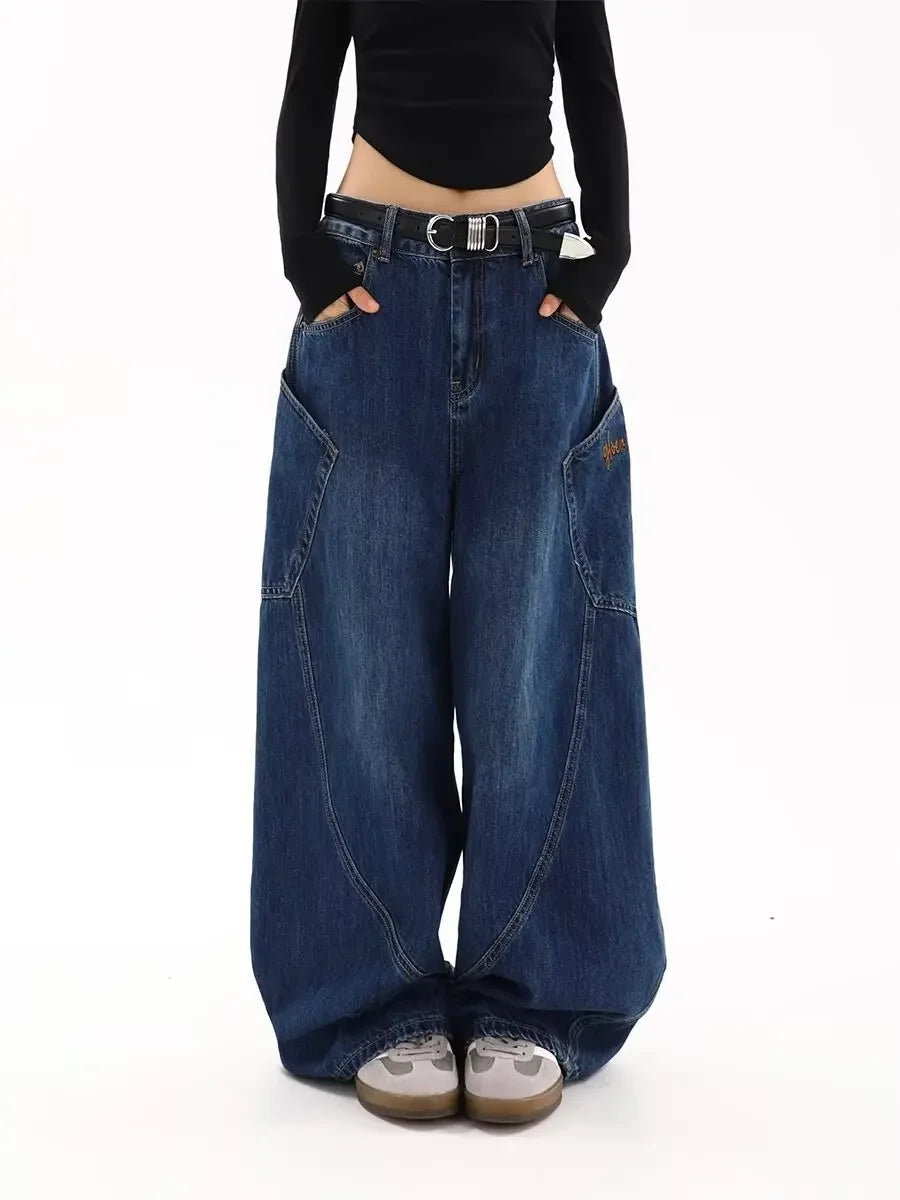 American Retro Knife Pocket Wide Leg Jeans Women's Spring Autumn Style Hot Girl High Street Design Loose Floor-Length Pants