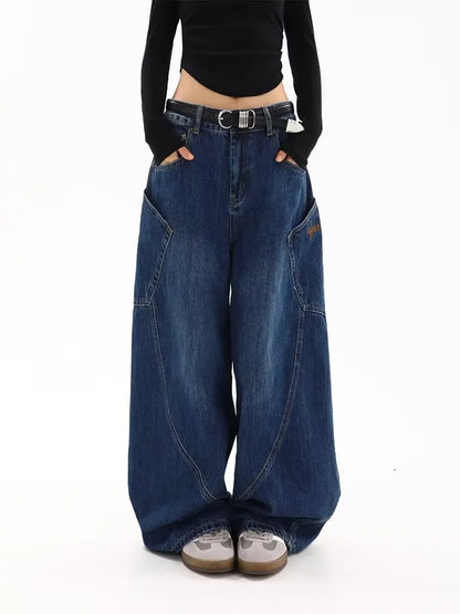 American Retro Knife Pocket Wide Leg Jeans Women's Spring Autumn Style Hot Girl High Street Design Loose Floor-Length Pants