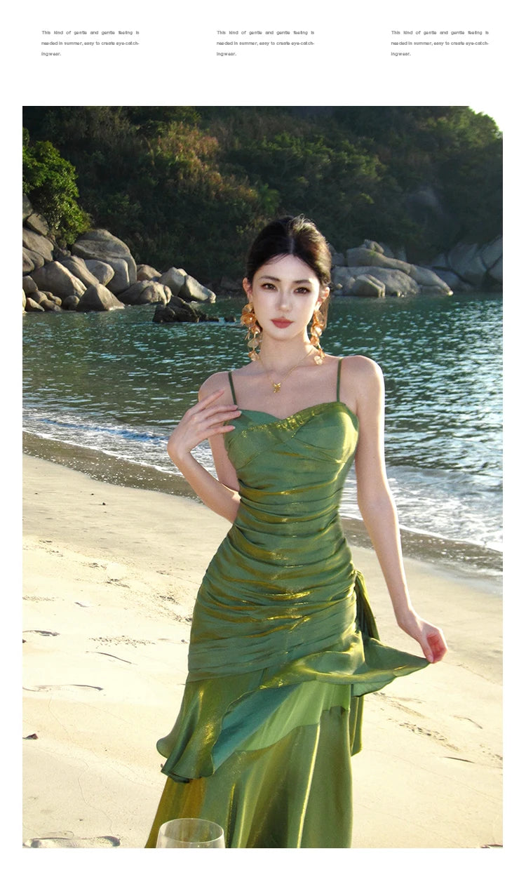 Sexy Solid Spaghetti Strap Sleeveless Evening Dresses Elegant Ruffles Party Long Dress For Women Summer Slim Beach New Vestidos