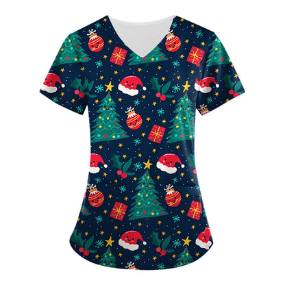 Christmas Clinical Uniform Woman Cartoon Print Uniforms Casual V-Neck Nurse Uniform Woman Tops With Pocket Scrub Tops