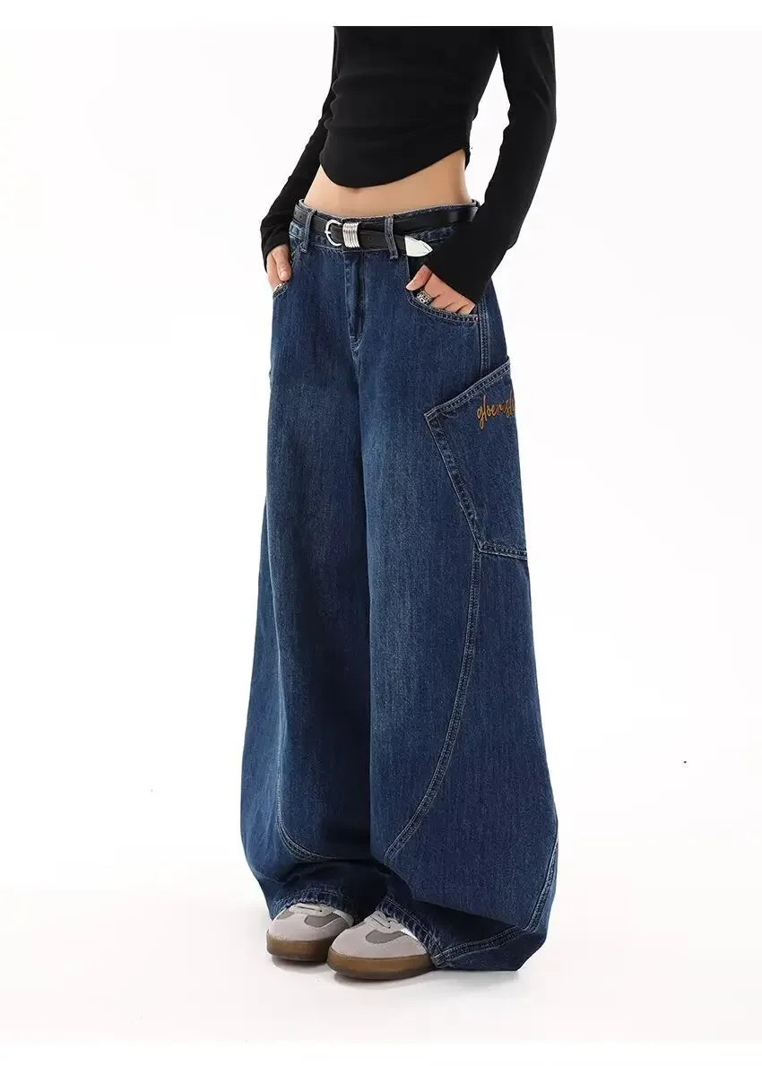American Retro Knife Pocket Wide Leg Jeans Women's Spring Autumn Style Hot Girl High Street Design Loose Floor-Length Pants