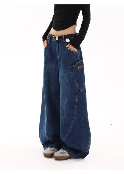 American Retro Knife Pocket Wide Leg Jeans Women's Spring Autumn Style Hot Girl High Street Design Loose Floor-Length Pants