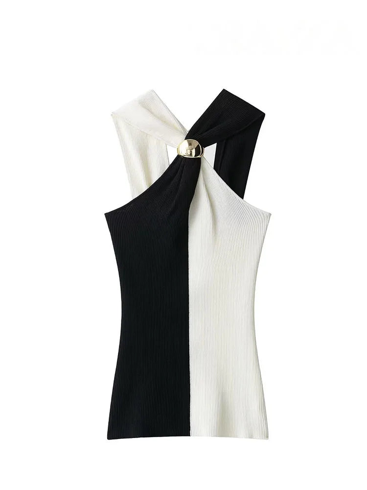 HH 2026 Women's Summer New Fashion Chic Knitted Tops Hang-Neck Collar Sleeveless Backless Female Sexy Short Tops 2 Color