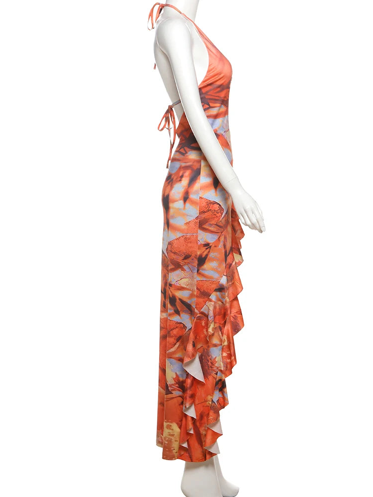 Weird Puss Halter Metal Buckle Dress Women Y2K Hollow Backless Summer Trend High Split Ruffles Sexy Elegant Bandage Maxi Bodycon