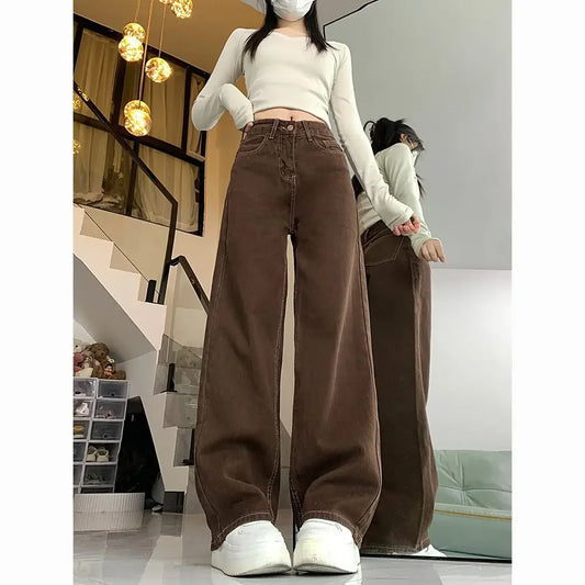 Cafe Brown Versatile Wide Leg Jeans Women's Spring Autumn High Waist Slimming Small Size Loose Drapey Straight Floor-Length Pant