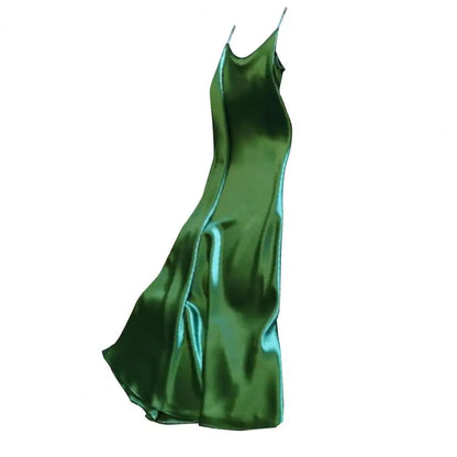 Summer dress with silk satin V-neck women's suspender skirt, wide and relaxed swing, backless lace up dance party