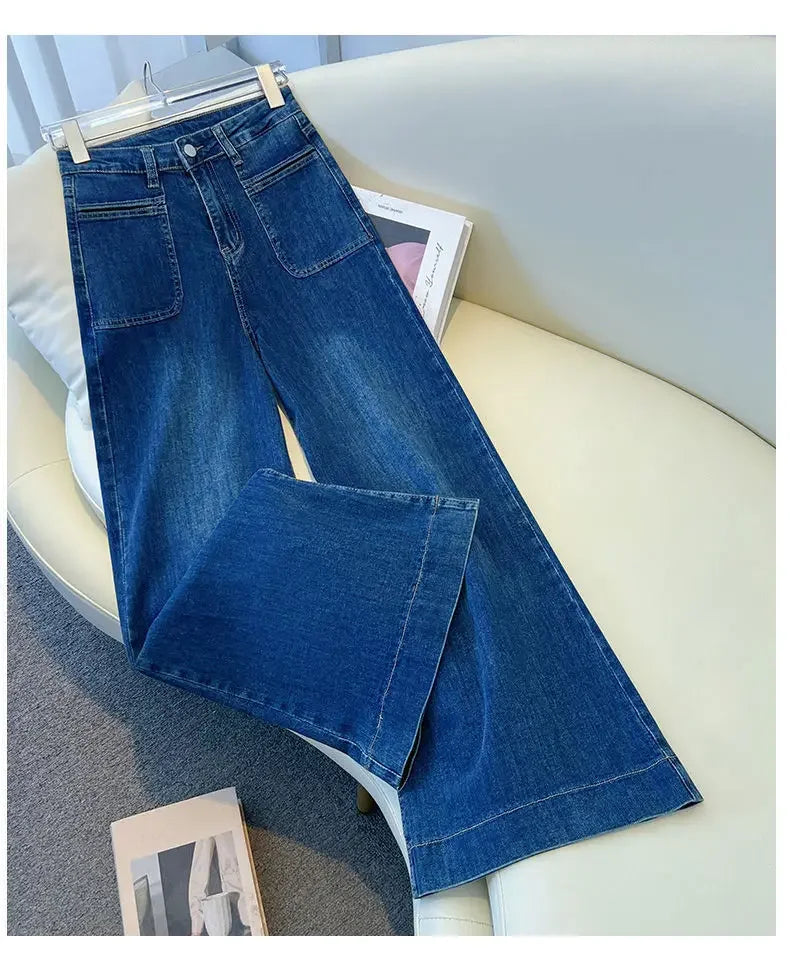 Retro High Waist Bell Bottom Jeans Women's Spring 2025 New Loose Wide Leg Denim Pants Slimming Effect Vintage Style