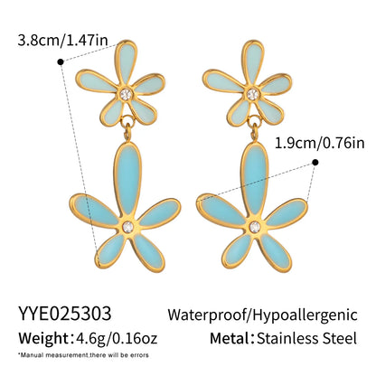 Cute Dopamine White Blue Oil Drop Diamond Flower Necklace 18K Gold-plated Stainless Steel Jewelry Set for Women Wholesale