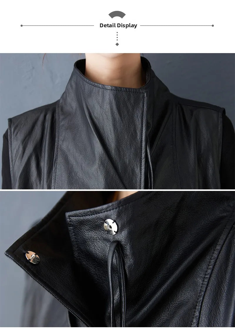 Casual Loose PU Leather Jaet Long Stand Collar Windbreaker Outerwear Faionable Design Sense Asymmetrical High-End Feeling