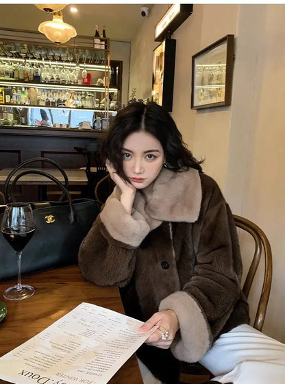 2025 New Coffee Colored Faux Mink Fur Spliced Lapel Fur Coat for Women Young and Loose