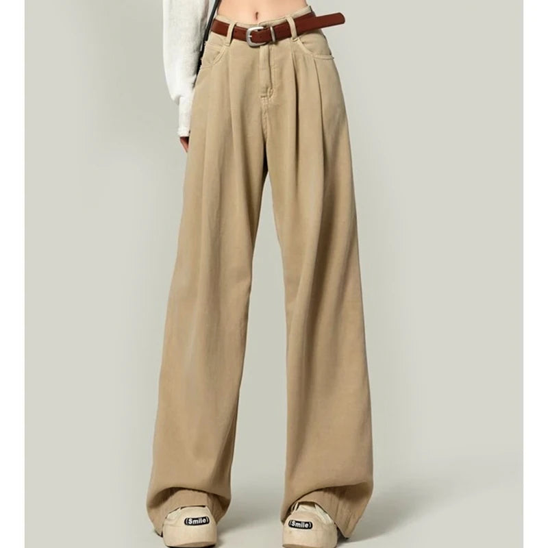 Woman High Waist Straight Leg Jeans Lady Loose Denim Wide Leg Pants Girls Korean Khaki Retro Blue Light Blue Gray White Trousers