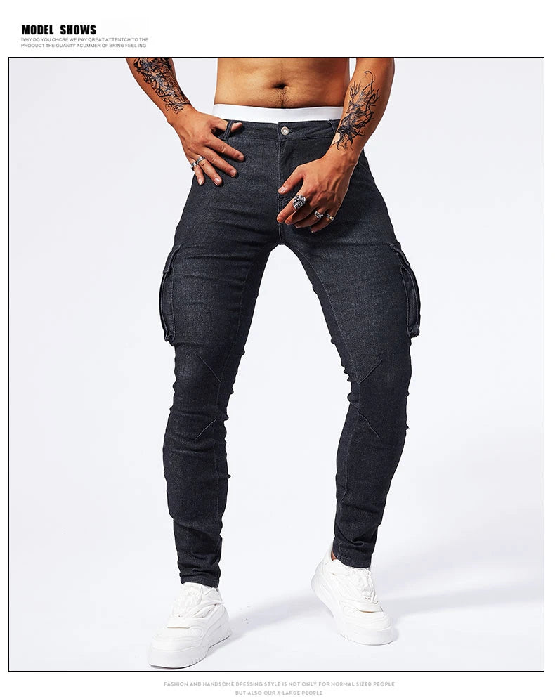 Street Elastic Jeans Men Denim Cargo Pants Wash Solid Color Multi Pockets Casual Mid Waist Trousers Slim Fit Daily Wear Joggers
