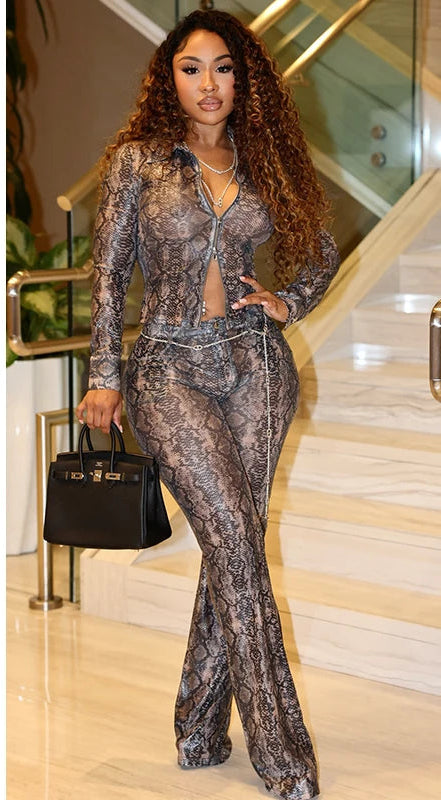 Sexy Night Club Snake Pattern 2 Pieces Women Set Full Sleeve Crop Tops and Pants Clubwear Skinny Midnight Party Outfits Y2K