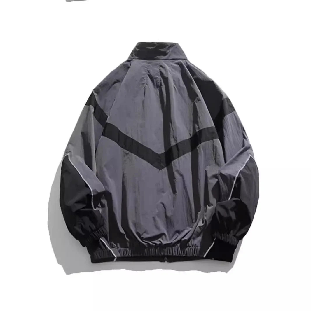 Trendy American Style Zippered Hooded Jacket Men's Loose Fit Casual Autumn Fashion Thin Jacket Reflective Patchwork Stand Collar