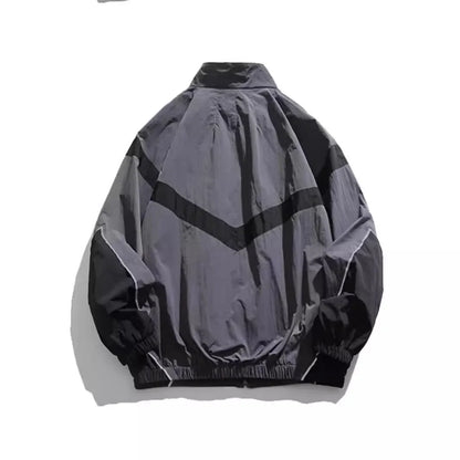 Trendy American Style Zippered Hooded Jacket Men's Loose Fit Casual Autumn Fashion Thin Jacket Reflective Patchwork Stand Collar