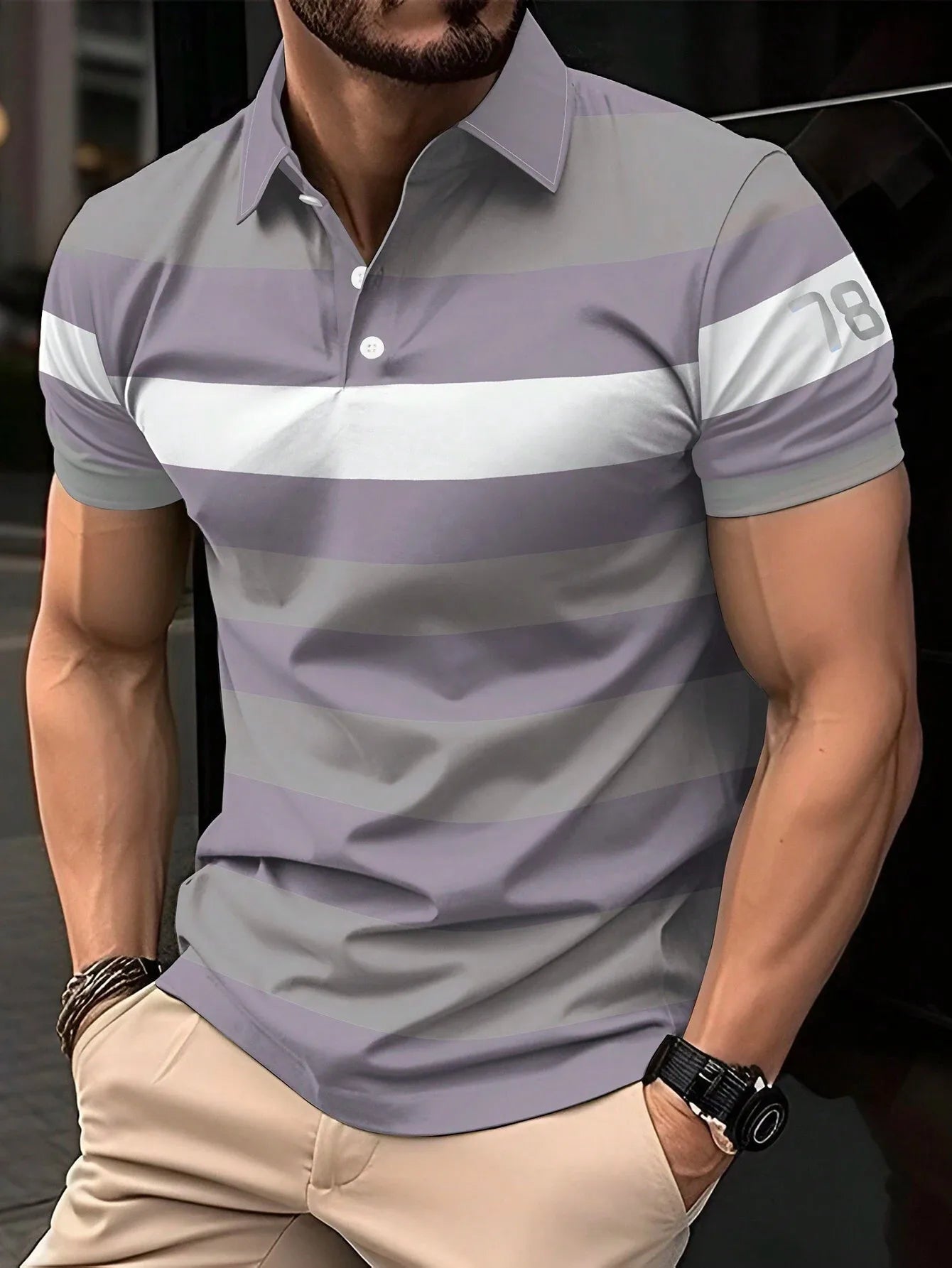2025 New Men's Summer Short Clothes Sleeved Lapel 3D Digital Printed Striped Polo Shirt Men's Business Casual Top Clothes