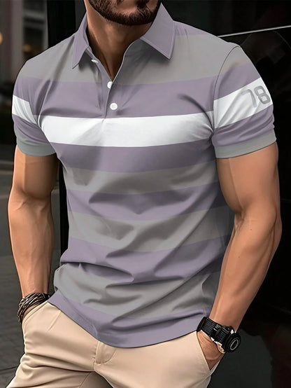 2025 New Men's Summer Short Clothes Sleeved Lapel 3D Digital Printed Striped Polo Shirt Men's Business Casual Top Clothes