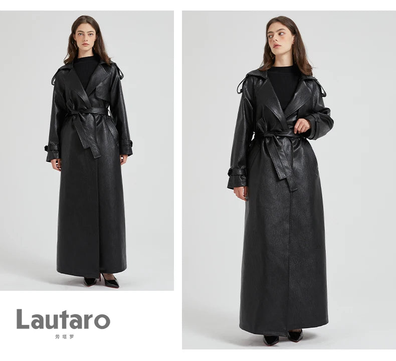 Lautaro Spring Autumn Extra Long Brown Pu Leather Trench Coat for Women Sashes Luxury Chic Overcoat Runway European Fashion 2024