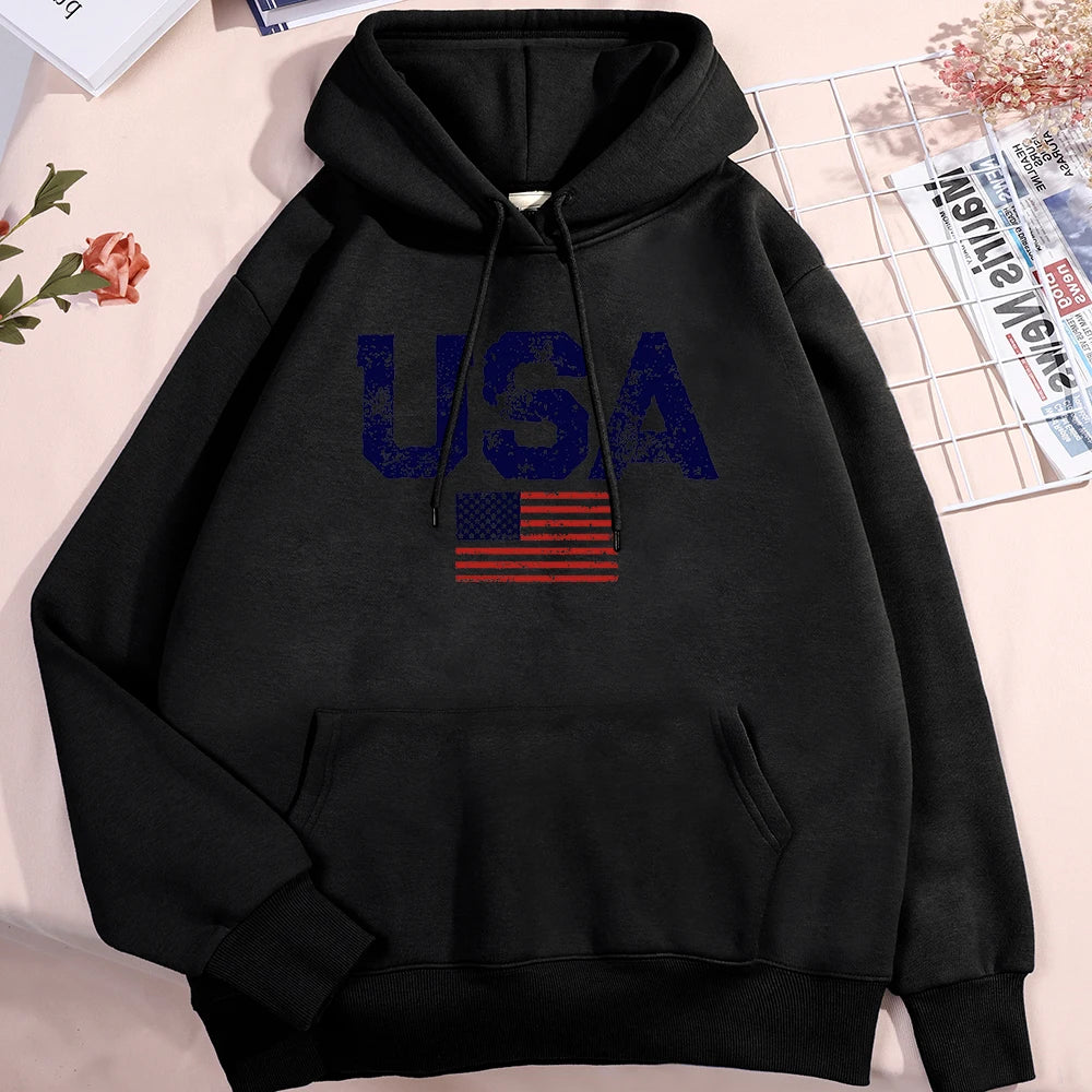Usa Letters American Flag Stars And Stripes Hoodie Men Women Fleece Hoody Fleece Oversize Sweatshirt Autumn Pocket Clothes