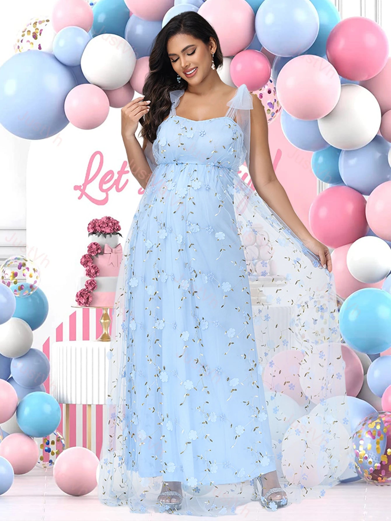 Maternity Photography Tulle Straps Evening Party Gowns Floral Embroidered Mesh Summer Long Dress for Baby Shower Photoshoot