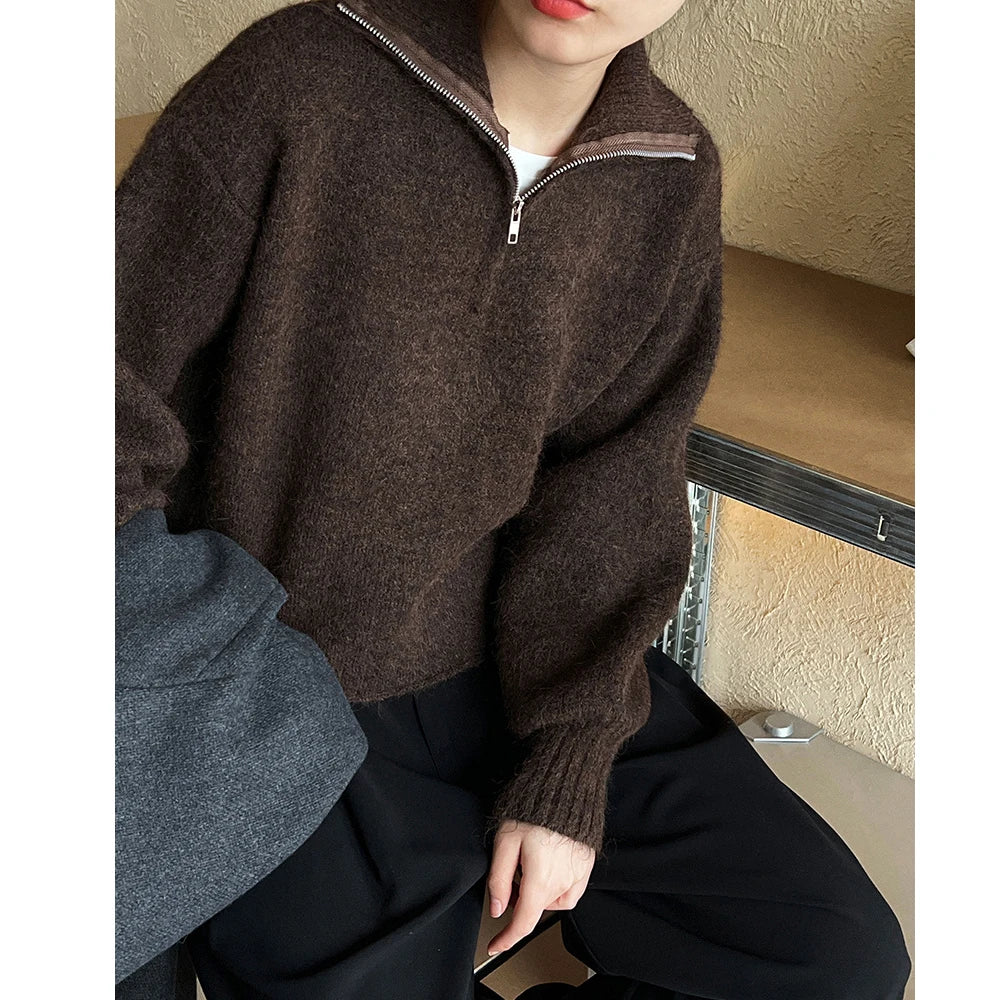 2026 Women Turn Down Collar Sweater Long Sleeve Zipper Design Warm Cardigans Clothes Tops For Women Winter Sweater Pull Femme