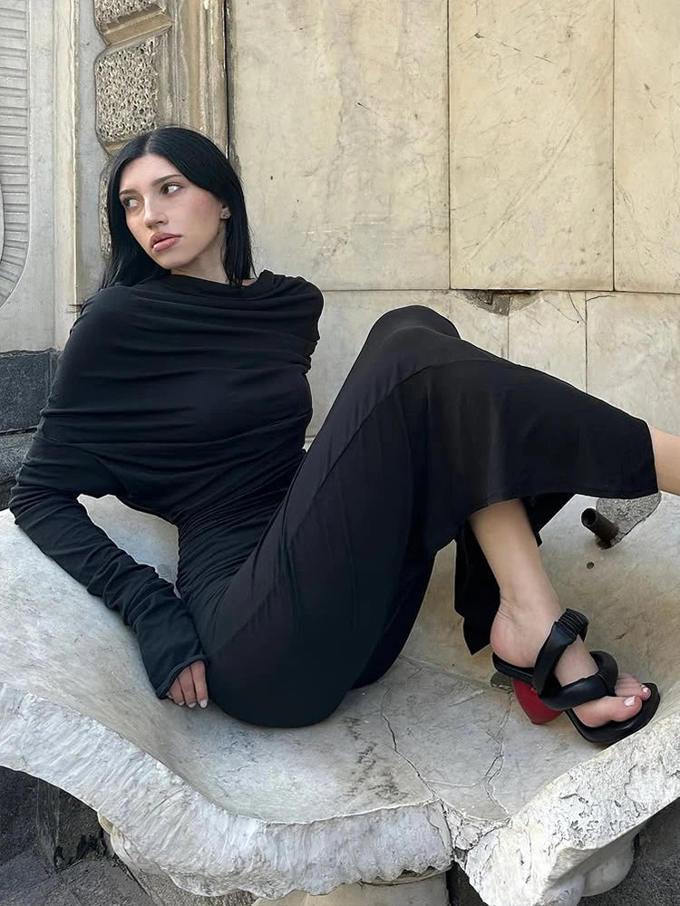 Sisterlinda Casual Hooded Long Dresses Woman Autumn Trend Swing Collar Full Sleeve Skinny High Stretch Solid Elegant Vestidos