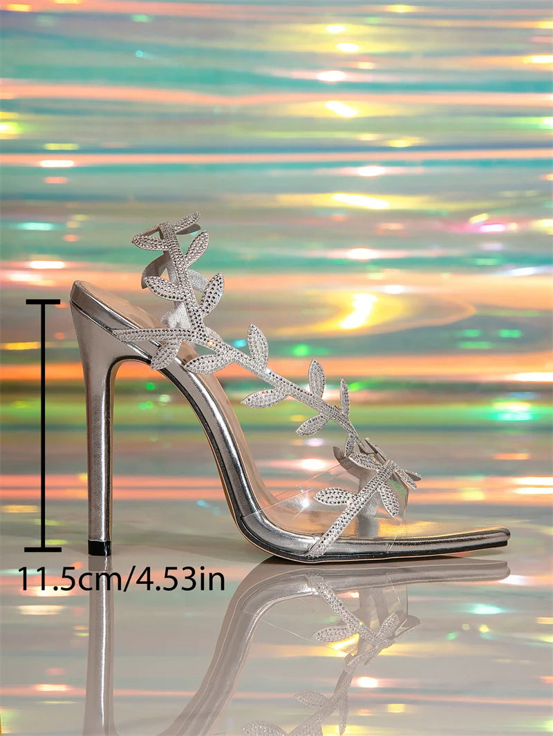 Liyke Summer Fashion Crystal Leaf Designer Sandal Women 11.5CM Stiletto Party Prom Shoes Sexy Pointed Toe Gold Silver High Heels