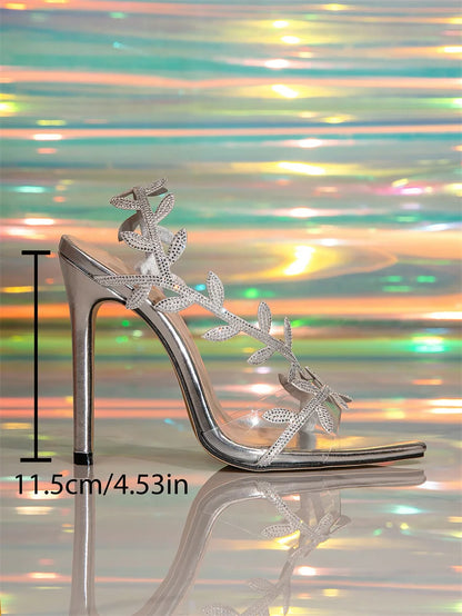 Liyke Summer Fashion Crystal Leaf Designer Sandal Women 11.5CM Stiletto Party Prom Shoes Sexy Pointed Toe Gold Silver High Heels