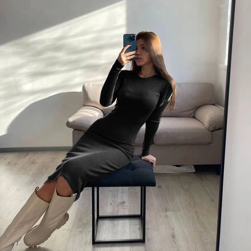 Autumn Winter New Dresses Women Fashion Casual Slim O-Neck Long Sleeves Elegant Dress Sexy Black Female Club Party Maxi Dresses