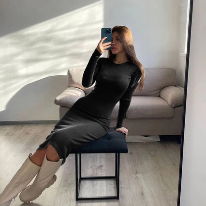 Autumn Winter New Dresses Women Fashion Casual Slim O-Neck Long Sleeves Elegant Dress Sexy Black Female Club Party Maxi Dresses