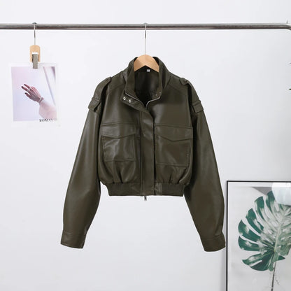 Vintage Zippers Short Leather Jackets Women's Casual Lapel Button Pockets Full Sleeve Coat 2025 Autumn New Lady Chic Streetwear