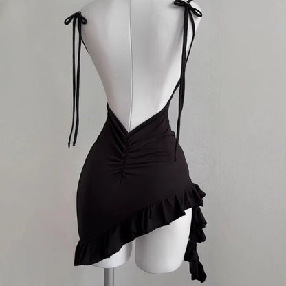 2025 Sexy Sleelveless Backless Mini Dress Women Summer Europe America Lace Up Bodycon Dresses High Street Party Club Black Dress