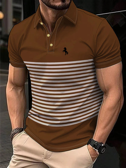 Men's Polo Shirt Summer Outdoor Casual Round Neck Short Sleeve Top Striped Printed Style OverSize T-shirt Loose Men's Clothing