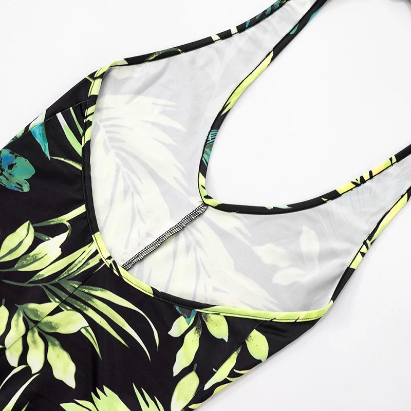 CUTENOVA Women'S V-Neck Tropical Botanical Print Hanging Neck Tie Backless Slim Flare Jumpsuit Fashion Elegant Street Jumpsuit