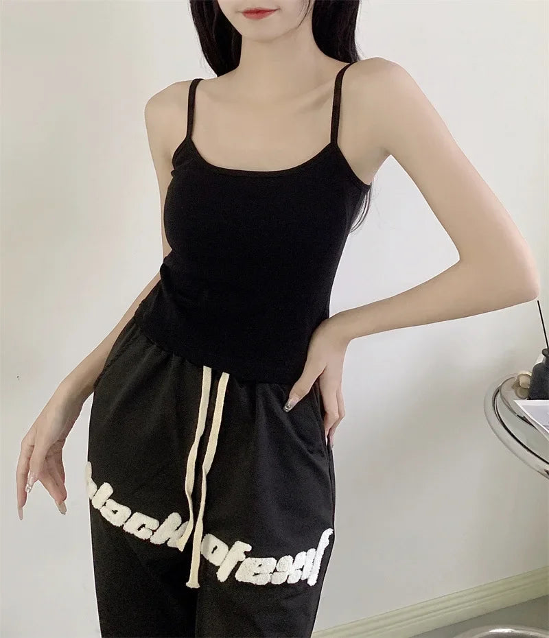 Women's Solid Color Spaghetti Straps Sleeveless Slim Camisole with Chest Pad Cotton Summer Wear Outside Female Short Tops Vests