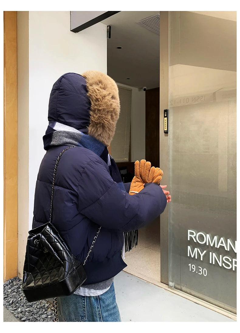 Casual Warm Fur Hooded Cropped Parkas Chic Streetwear Korean Style Down Cotton Coat Thicken Short Women's Winter 2025 Jacket