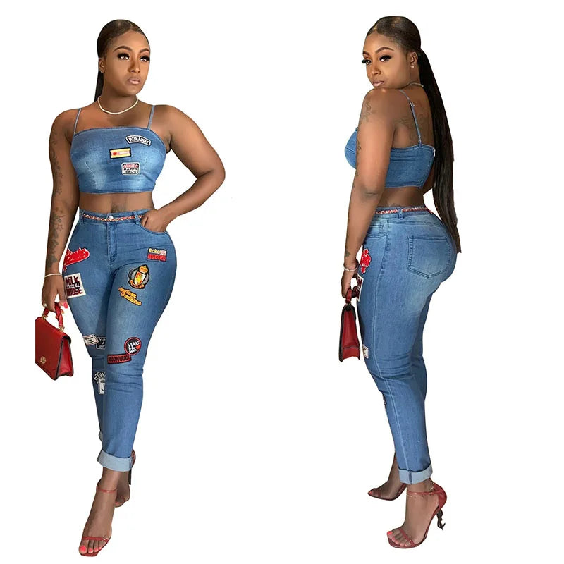 Jeans Outfits 2025 & 2026 Women Clothes Sets 2 Piece Birthday Party Club Sexy Crop Top and Pants Denim Two Piece Mathcing Set