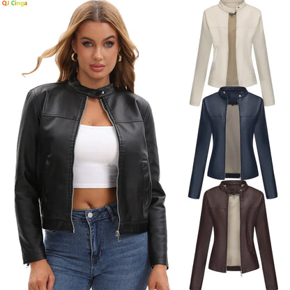 Black Women's Fitted Leather Jacket with Front Zipper & Side Pockets‌, Available in Brown, Navy Blue, and Beige.