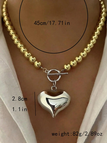 Y2k Stainless Steel Heart Pendant Bead OT Clasp Necklace For Women Men Fashion Geometric Charm Necklace Party Jewelry Gifts