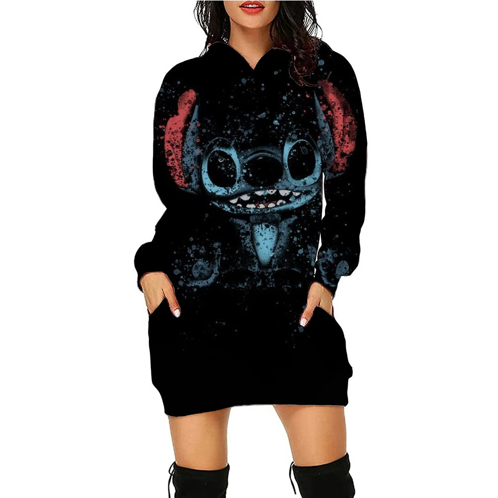 Y2k Stitch Dresses for Women 2024 Disney Woman Clothes Mini Dress With Hood Hoodie Kawaii Fashion Luxury Party Sweater Dress 3XL