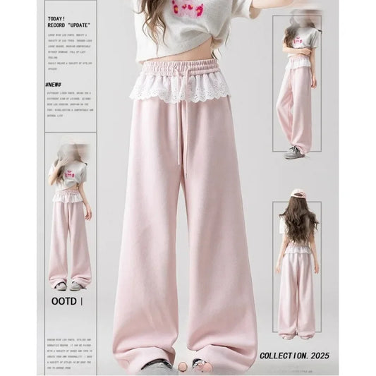 Pink Lace Splicing Design Wide Leg Pants Women's Loose Casual Sweatpants Spring New Style Slimming Effect Comfortable Fit
