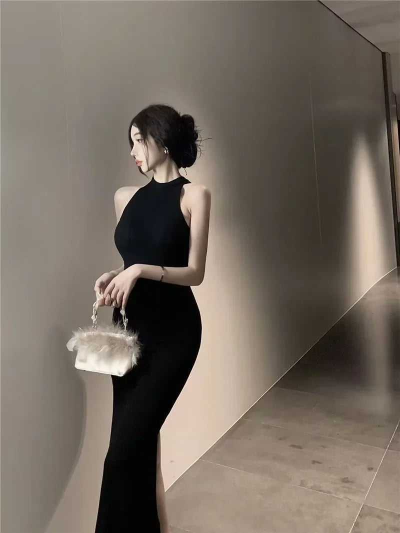Elegant High Waist Long Sleeveless Dress Neck Hanging Wrap Skirt Slimming Goddess Style Polyester Fiber round Neck Gown