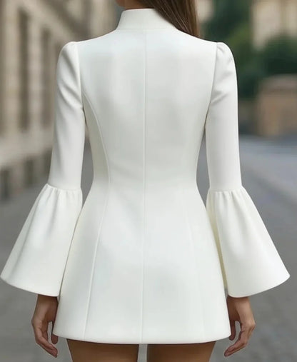 Autumn temperament slim solid colour stand-up collar flared sleeve single-breasted suit dress