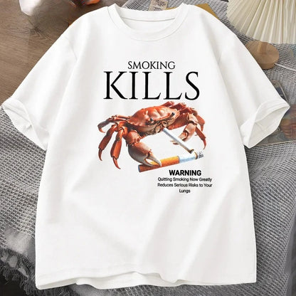 Smoking Kills Crab T-shirt Out of Control Suspected Grotesque Style T-shirt Strange Pattern T-sleeve Baseball Shirt