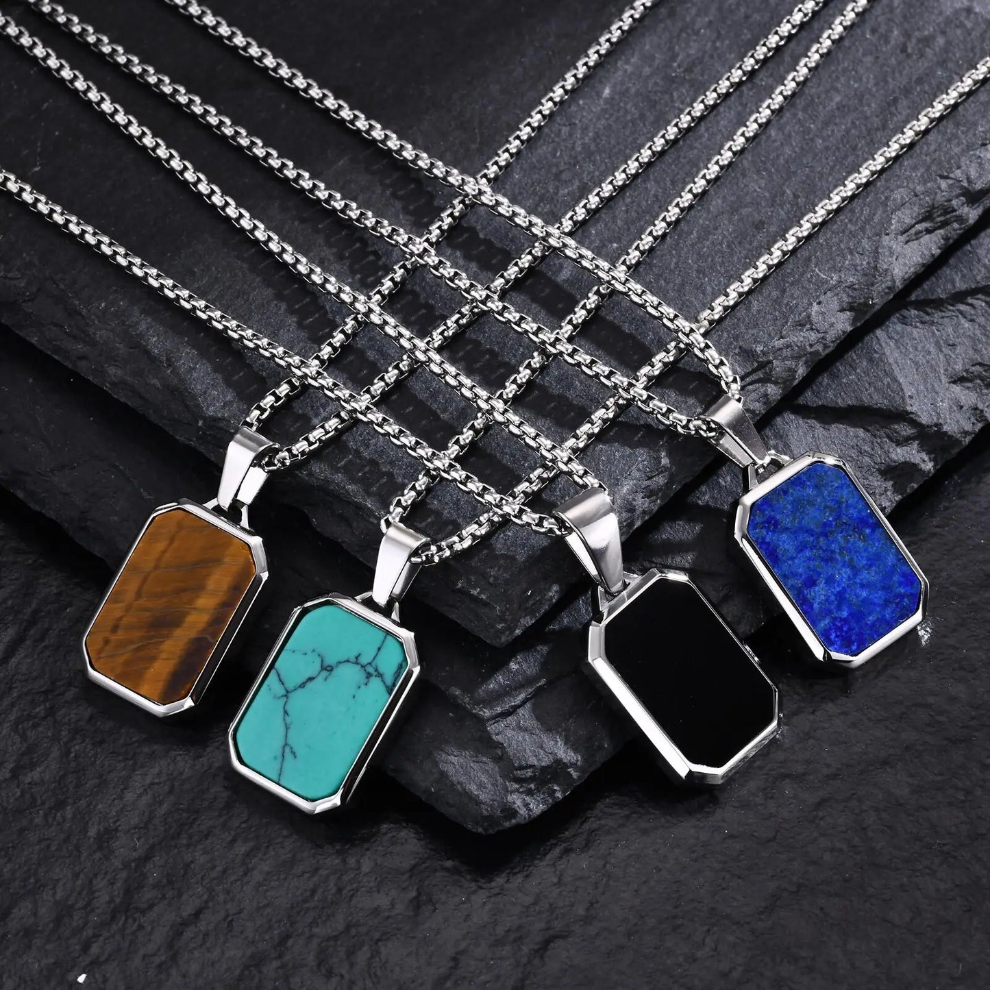 Trendy Pendant Necklaces for Men Boys,Square Natural Stone Stainless Steel Necklaces,Hip Hop Cool Healing Jewelry Gifts