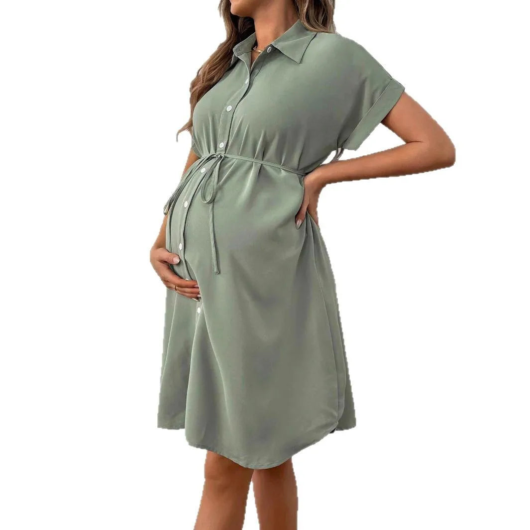 Maternity Clothes Dresses Photoshoot Pregnant Women Casual Dress Solid Color Summer Button-down Fashion Short Sleeve Clothing